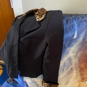 Leopard Trim Black Women's Jacket